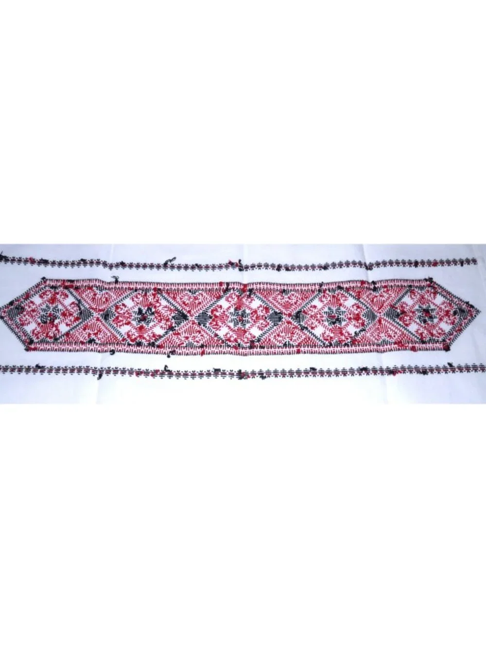 Vintage hand embroidered needlepoint cotton tablecloth red & black 44.5 x 26.5
